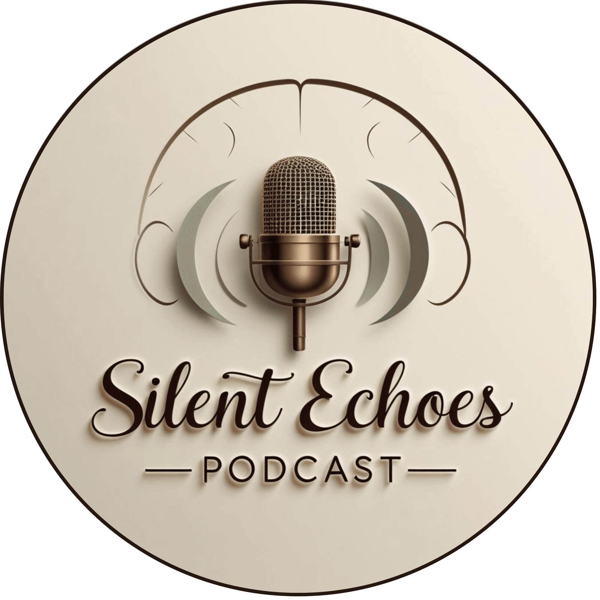 Podcast logo with a vintage microphone, sound waves, and the text 'Silent Echoes Podcast'.
