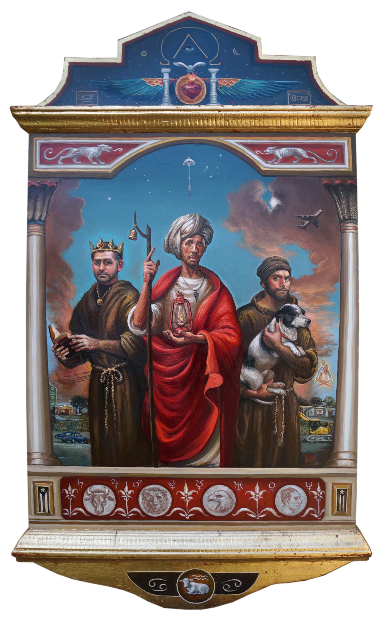 Religious painting with three men, one with a crown, holding a staff, and a third playing a musical instrument, set against a cloudy sky.