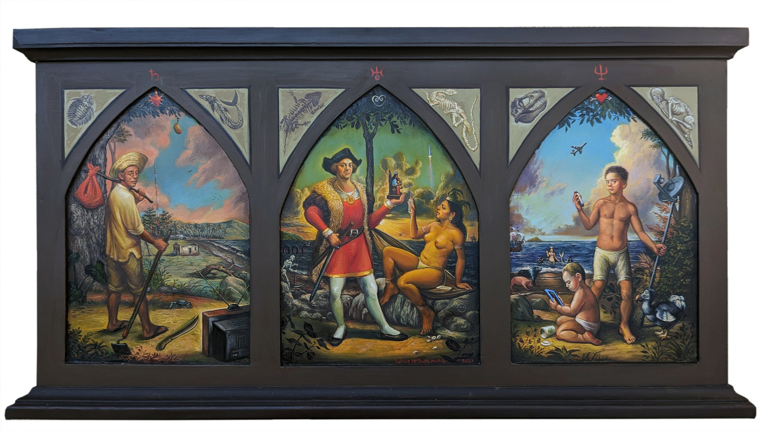 Triptych painting with three scenes: a man with a staff, a royal figure with a sword, and a man with a spear, set in nature.