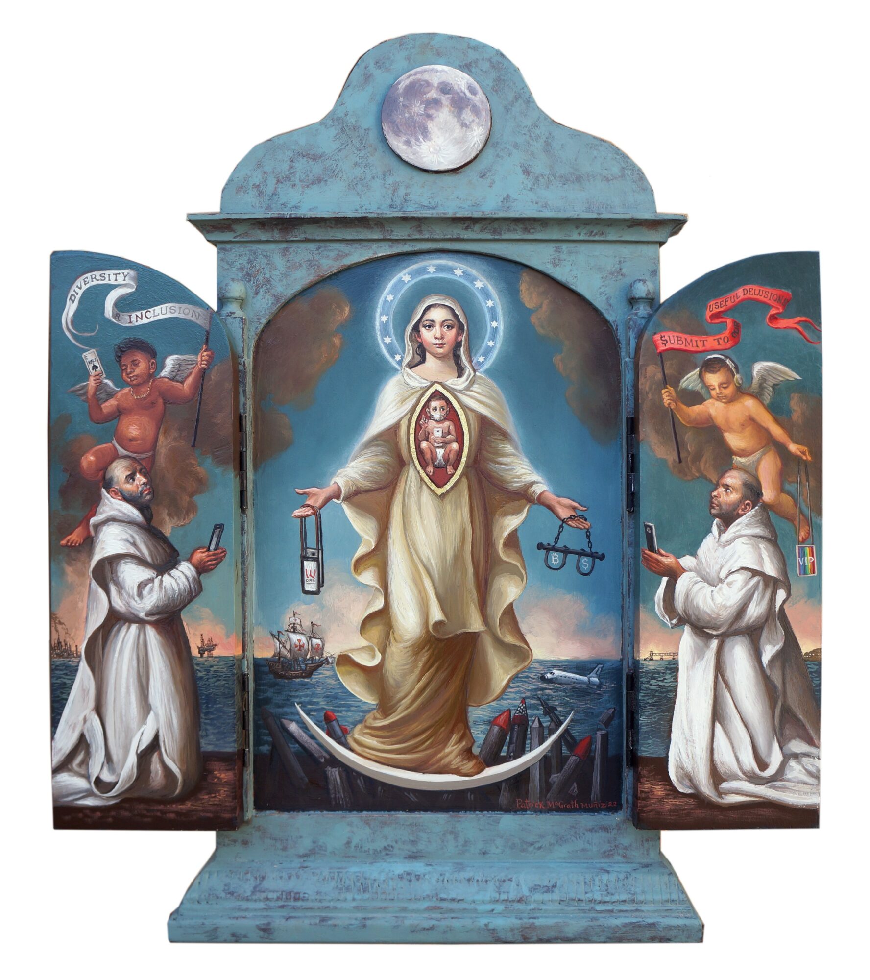 Religious artwork depicting a central figure with a halo, standing on water, flanked by two angels, with a moon above.