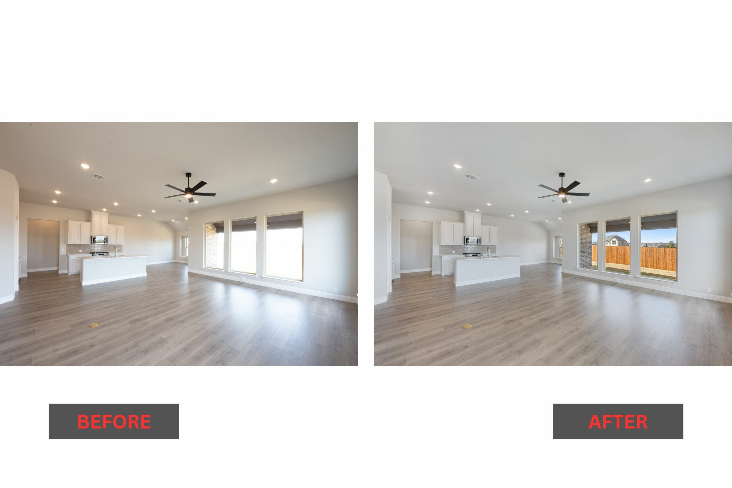 Empty living room with large windows, ceiling fan, and light wood flooring, shown before and after cleaning or renovation.