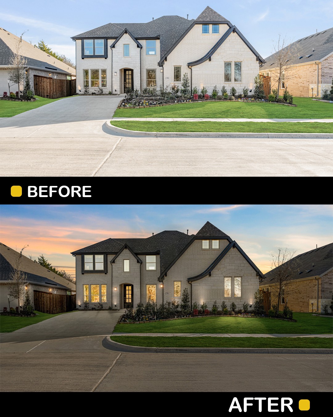 Two images of a house, one before and one after dark, showing exterior with front yard and driveway, house illuminated at night.