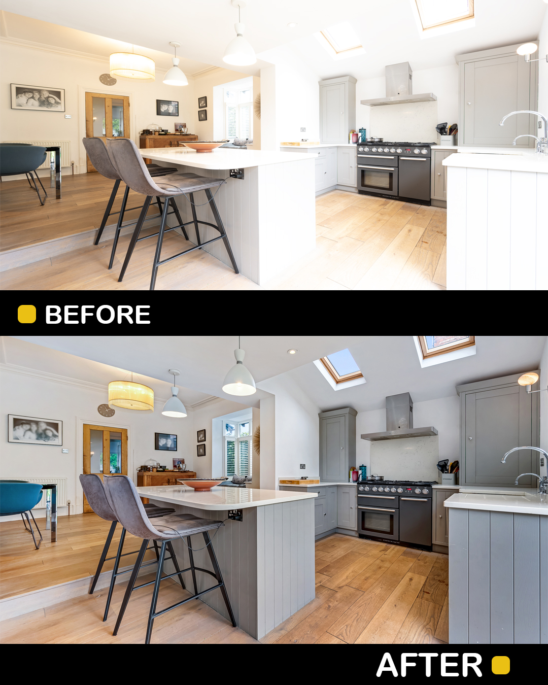 Bright kitchen with dining area, white cabinets, black stove, and wooden flooring, before and after renovation images.