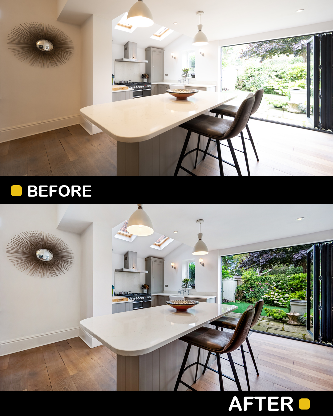 Dining area with a white table, two chairs, large window, and view of greenery outside.