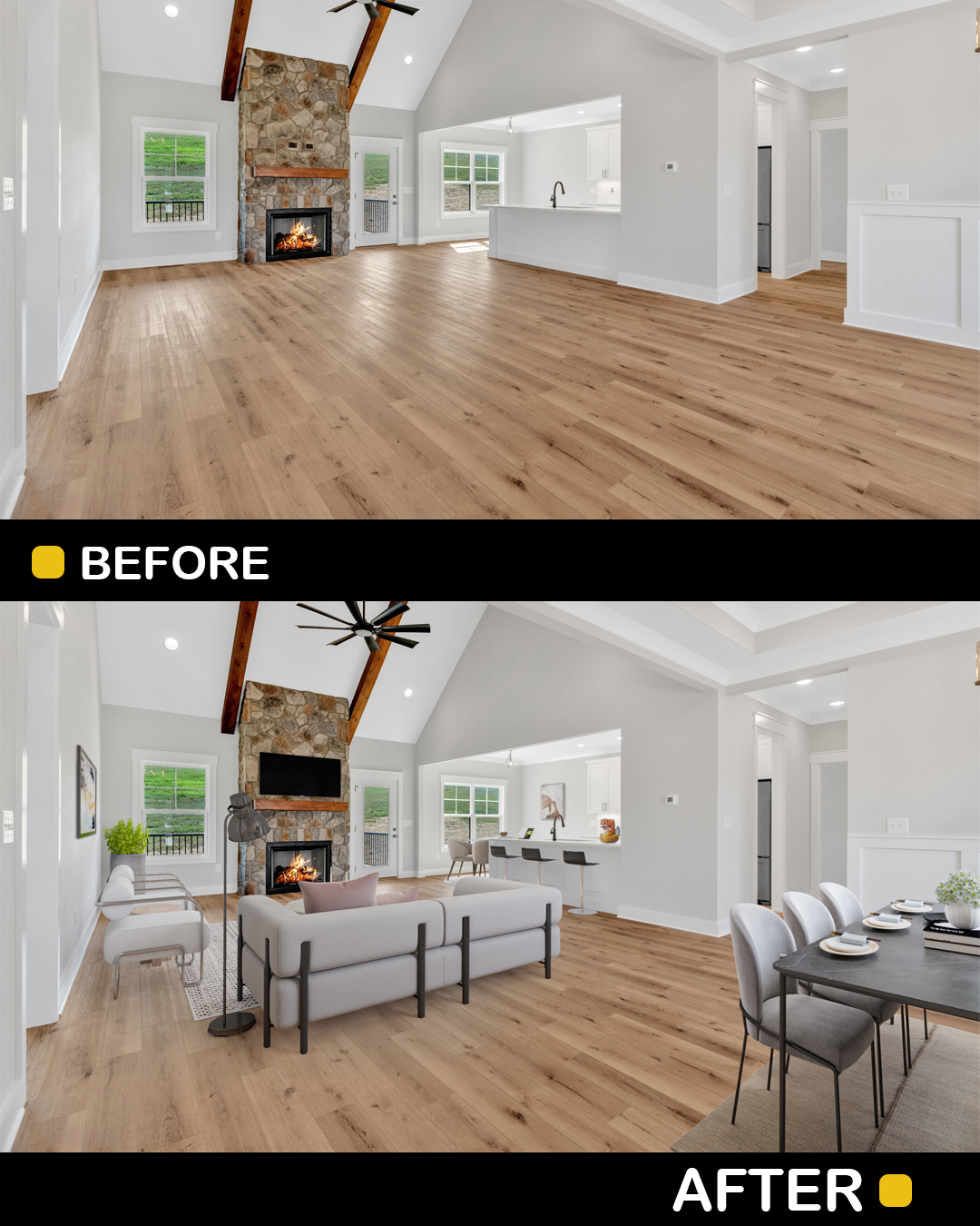 Living room with hardwood floors, white walls, fireplace, and large windows, shown before and after furniture addition.