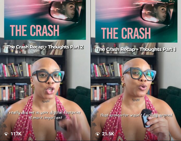 Two video thumbnails titled 'The Crash' with a woman speaking in front of a bookshelf, subtitles visible, and a car mirror reflection. Word counts: 20.