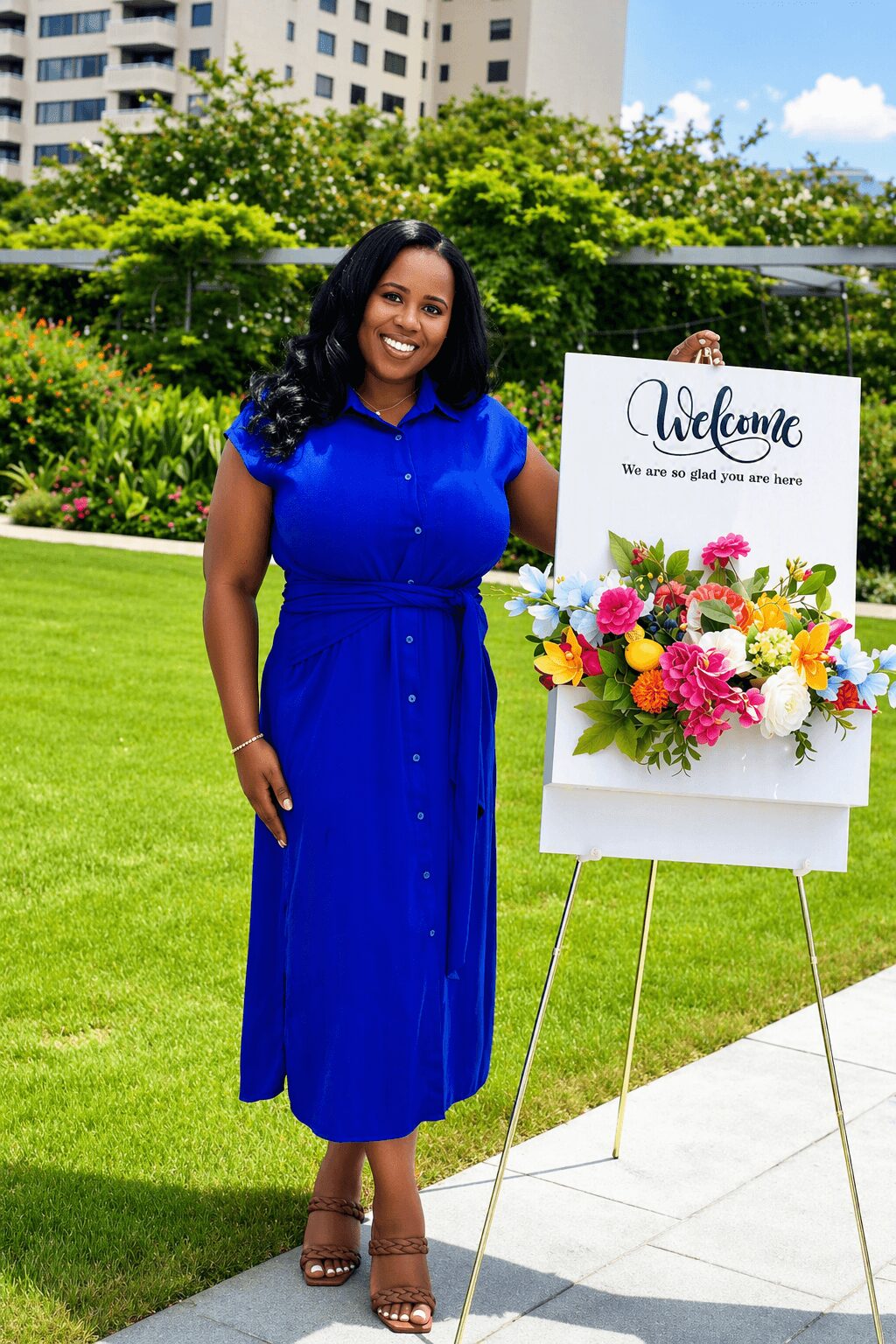 Woman in blue dress standing outdoors next to a welcome sign with flowers, smiling, with greenery and buildings in background.