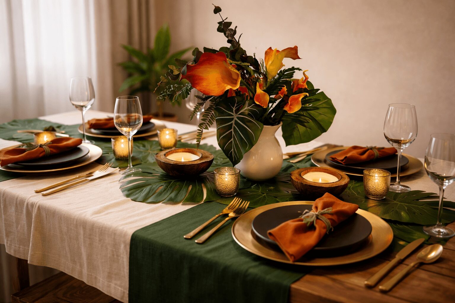 Table with a floral centerpiece, candles, plates, glasses, and cutlery, decorated with green leaves and orange flowers.