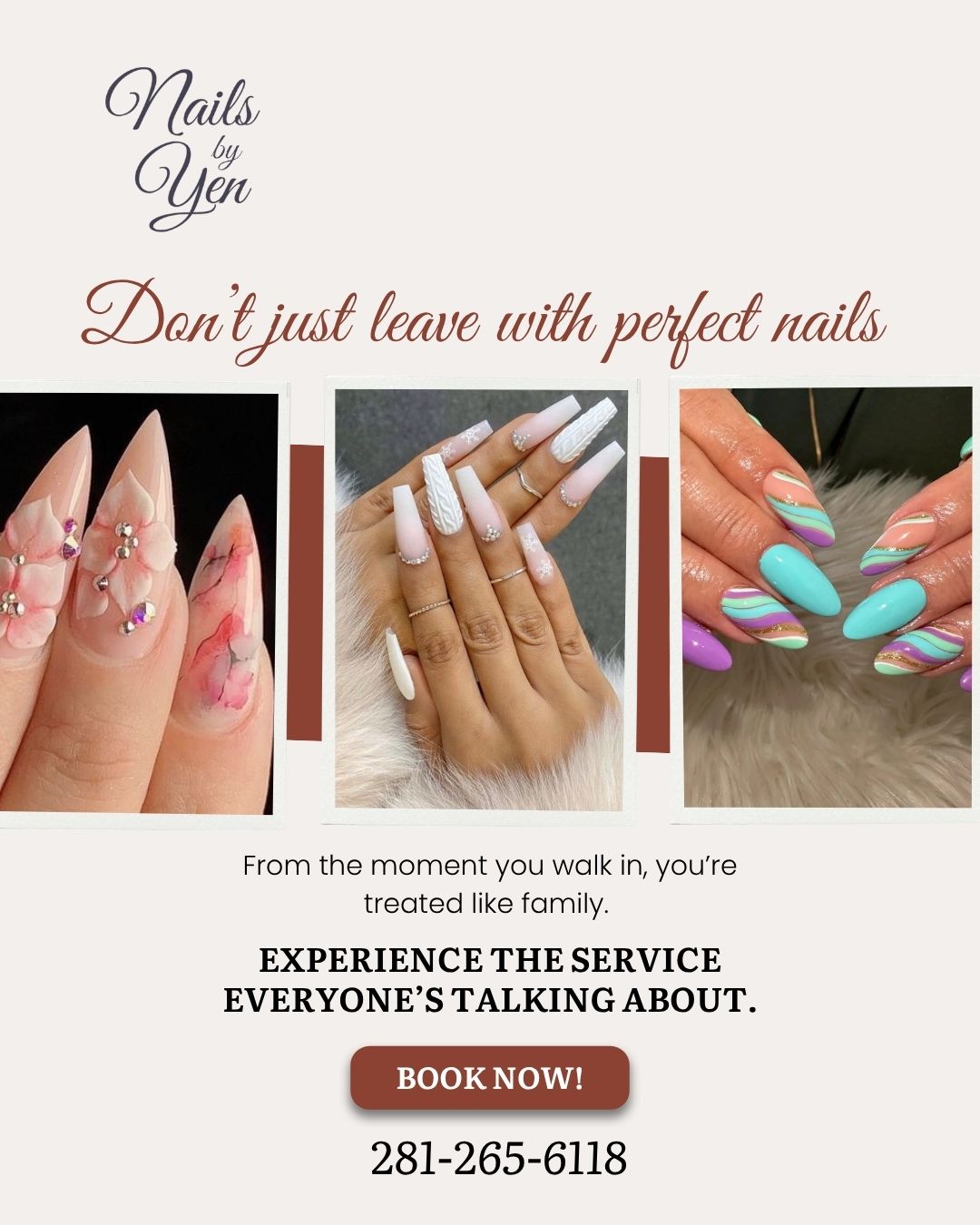 Advertisement for nail services with images of decorated and pastel-colored nails, text about perfect nails, and contact information.