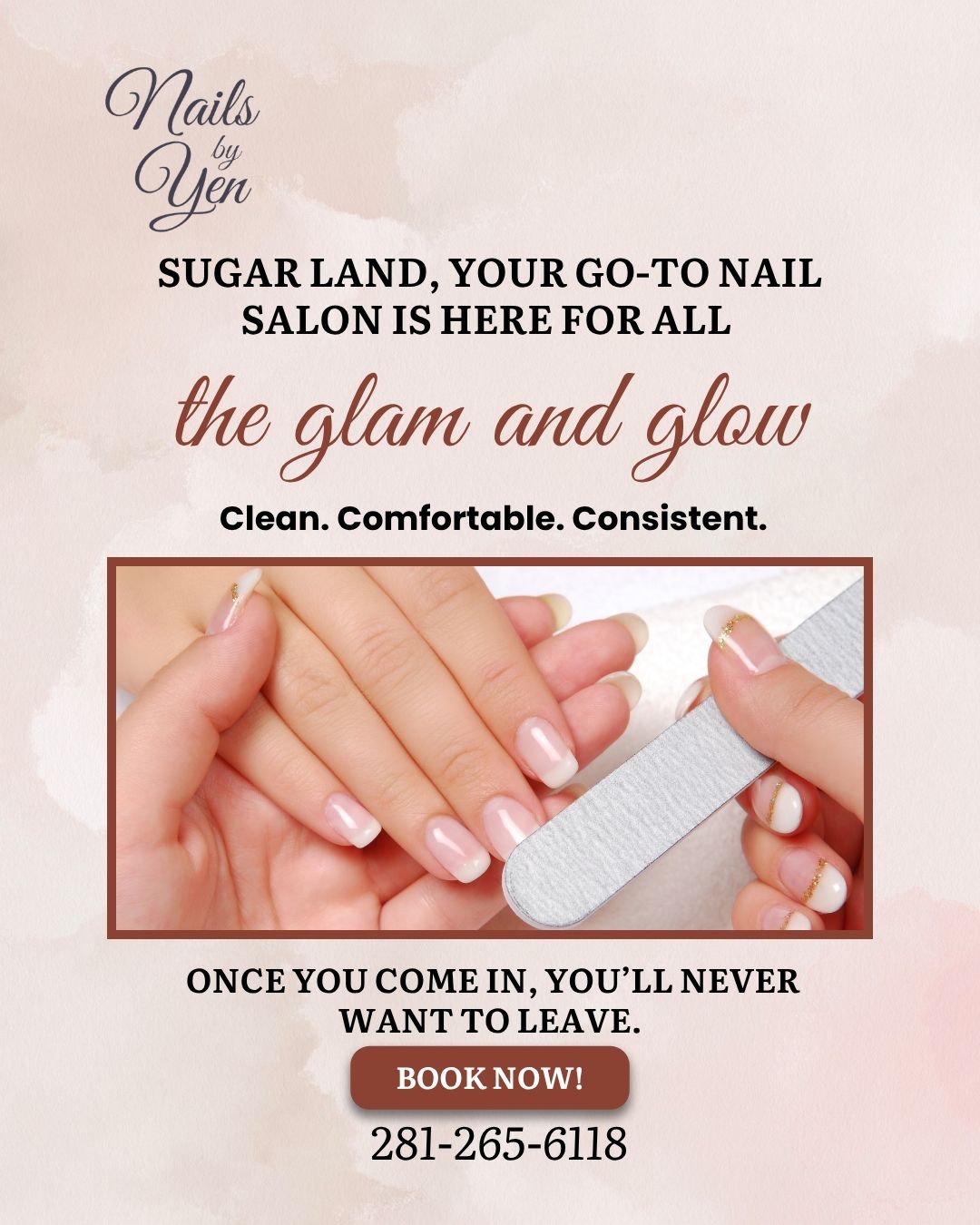 Close-up of hands with manicured nails, a nail file, and text about a nail salon, with a phone number.