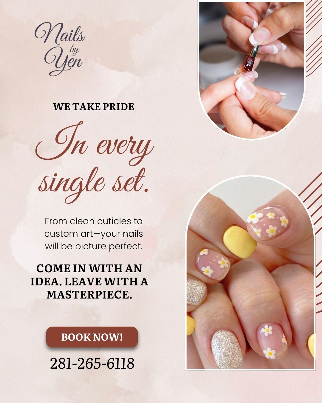 Advertisement for nail salon with images of nail art and a person applying nail polish, text about services and contact info.