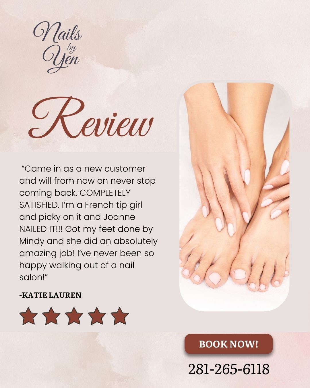 Close-up of hands with manicured nails, promotional text for nail salon review, phone number, and booking button.