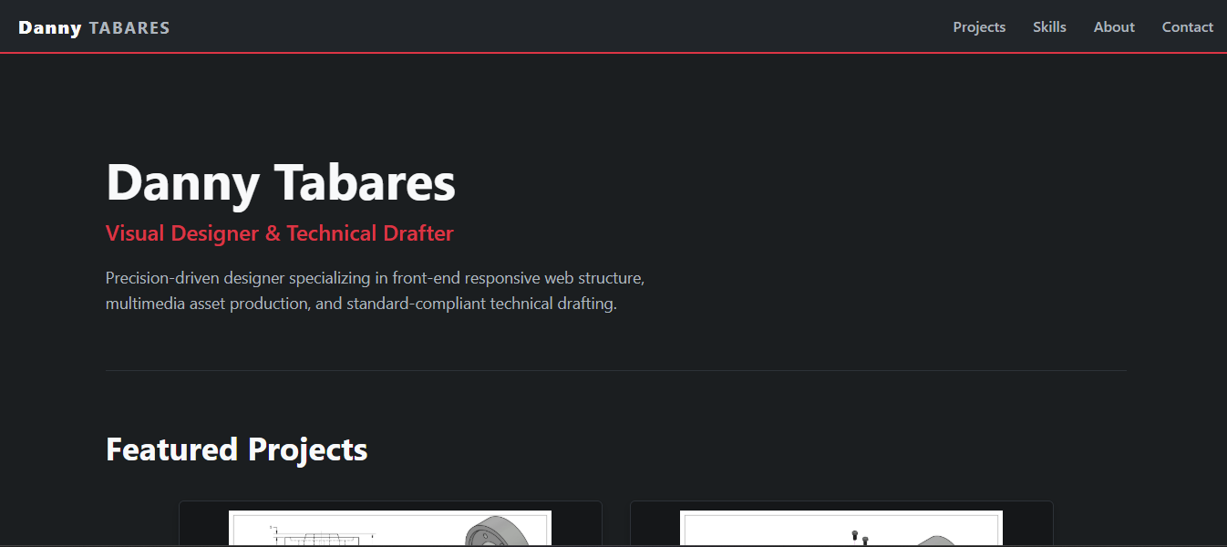 Dark website homepage with name and project description, featuring a menu bar at the top and a section titled 'Featured Projects'.