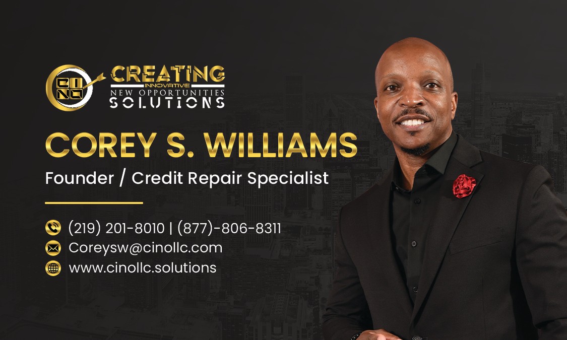 Business card with logo, name, title, contact info, and a man in a suit smiling. Background is dark.