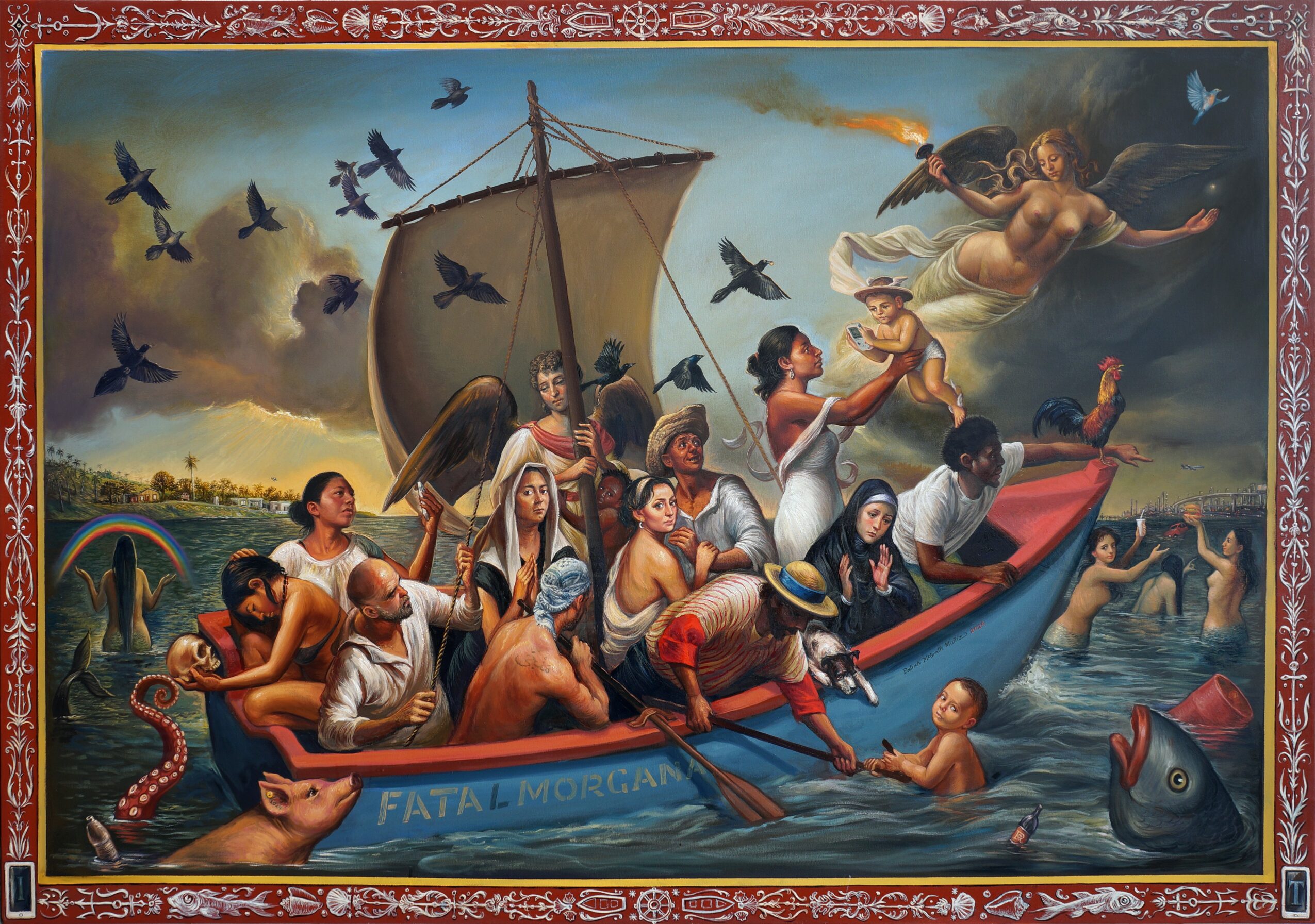 A boat with people in water, a woman flying with a torch, birds flying, and a stormy sky background.