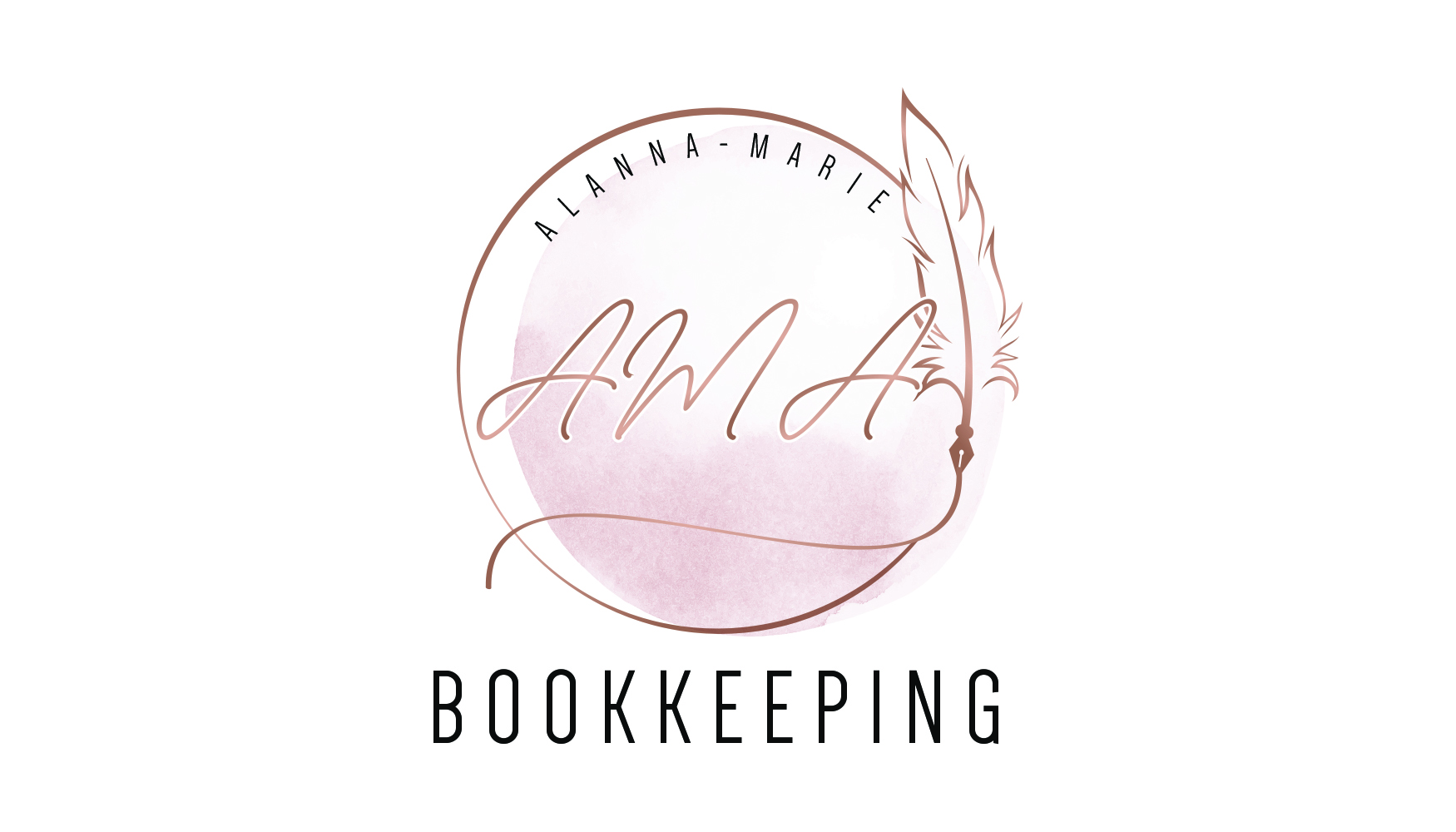 Logo with a feather, circle, and text for Alabama-Marine bookkeeping, featuring elegant script and modern font.