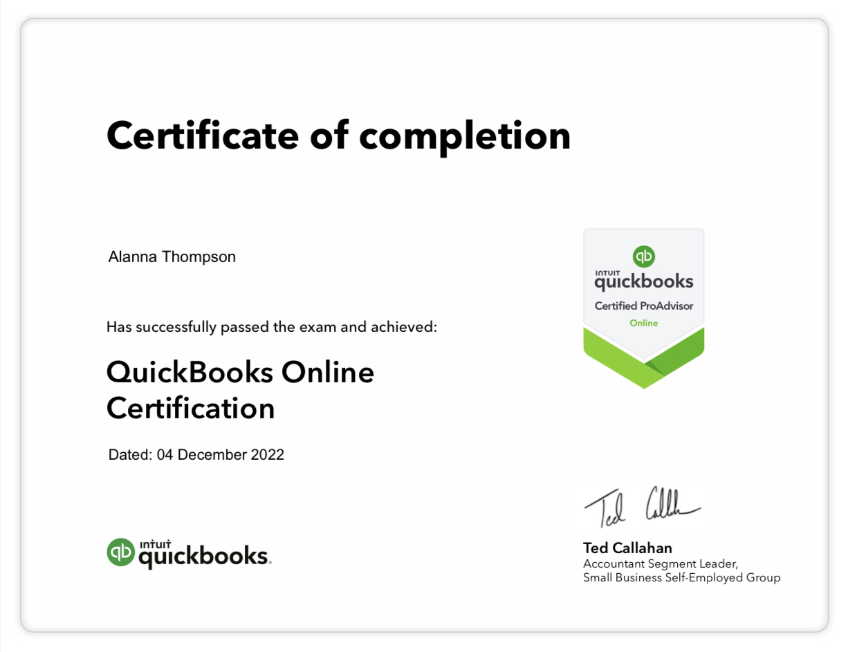 Certificate of completion awarded to Alanna Thompson for QuickBooks Online Certification, dated December 4, 2022, with signatures and logo.