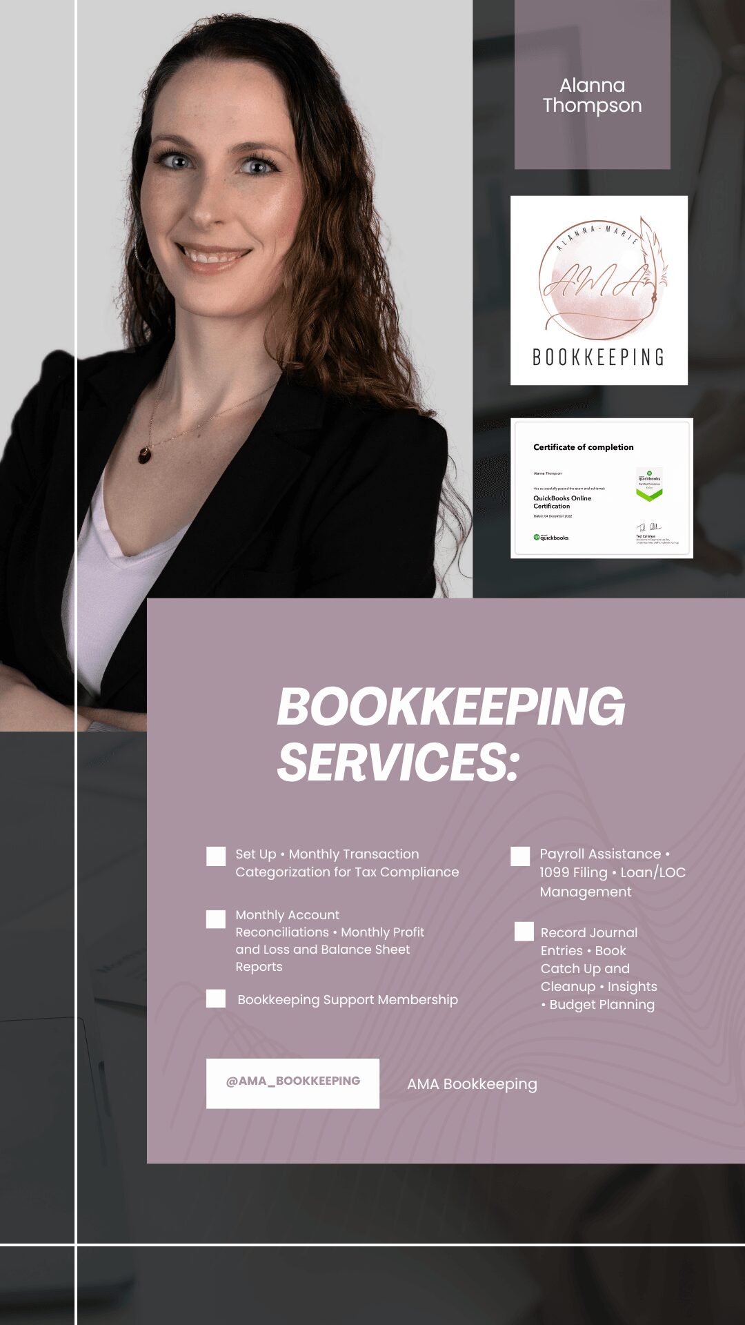 Woman with long curly hair in black blazer smiling, promotional flyer for bookkeeping services with text and logos, purple background.
