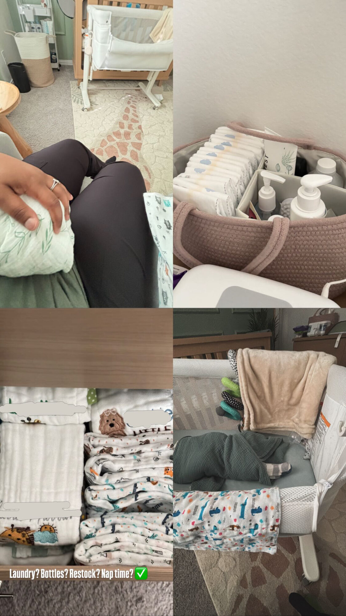Person sitting with hands on lap, laundry basket with bottles, bed with blanket, and a chair with clothes and a teddy bear.