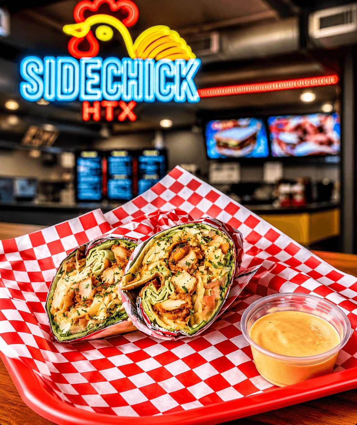 Two halves of a wrap sandwich with vegetables and meat on red checkered paper, with a small cup of sauce, inside a restaurant. Confidence: 0.9, alt_text_word_count: 24
