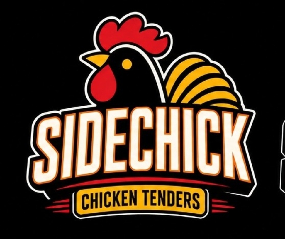 Logo with a rooster and the text 'SIDECHICK' and 'CHICKEN TENDERS' below, on a black background.