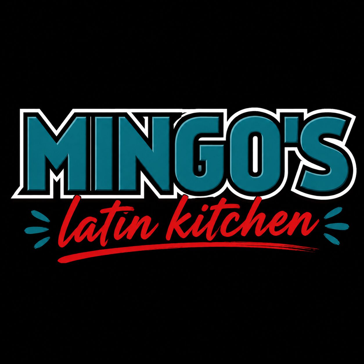 Logo with bold blue text 'MINGO'S' and red cursive 'latin kitchen' on black background.