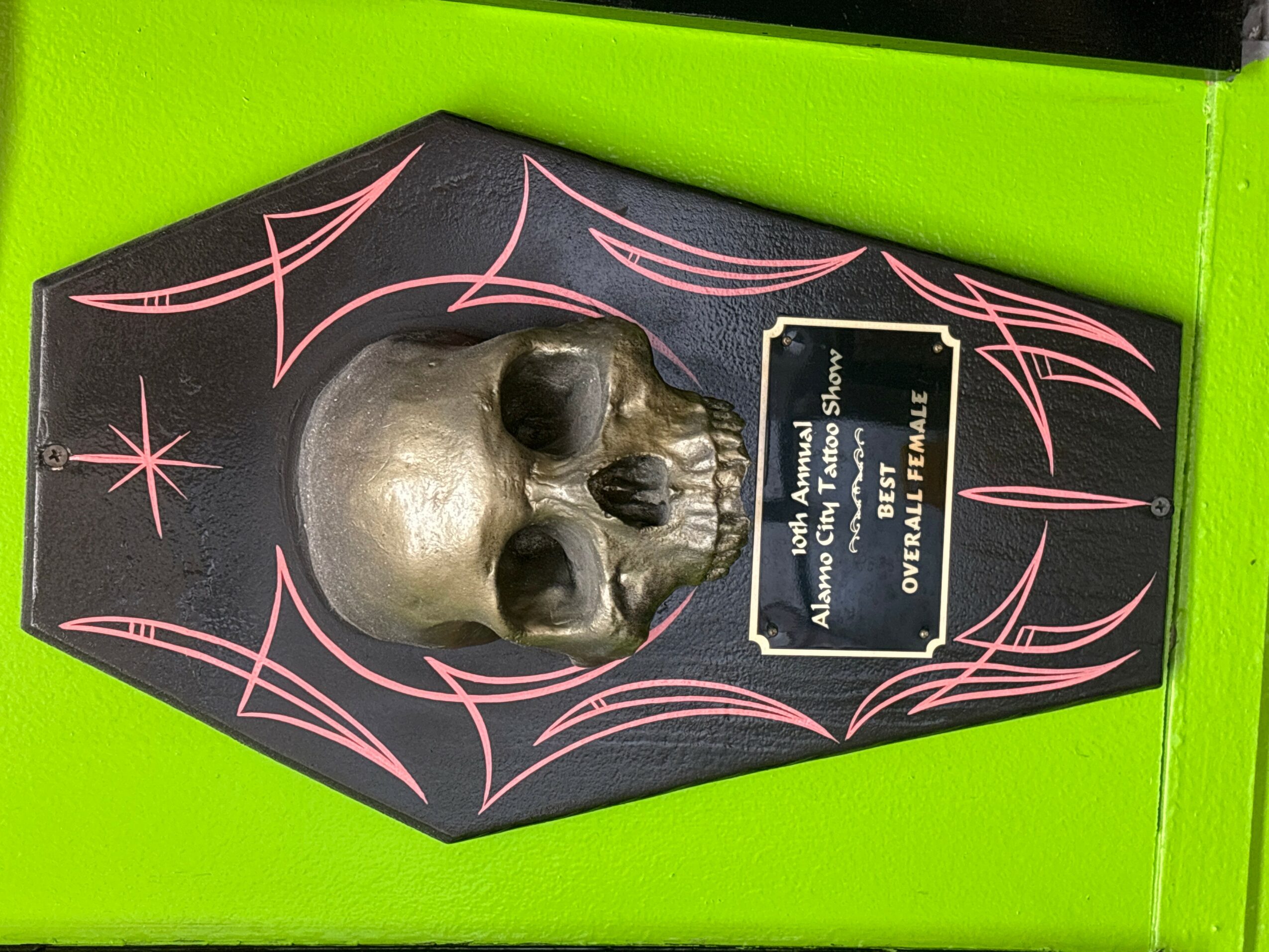 A skull sculpture mounted on a black background with pink decorative lines, displayed on a green surface.