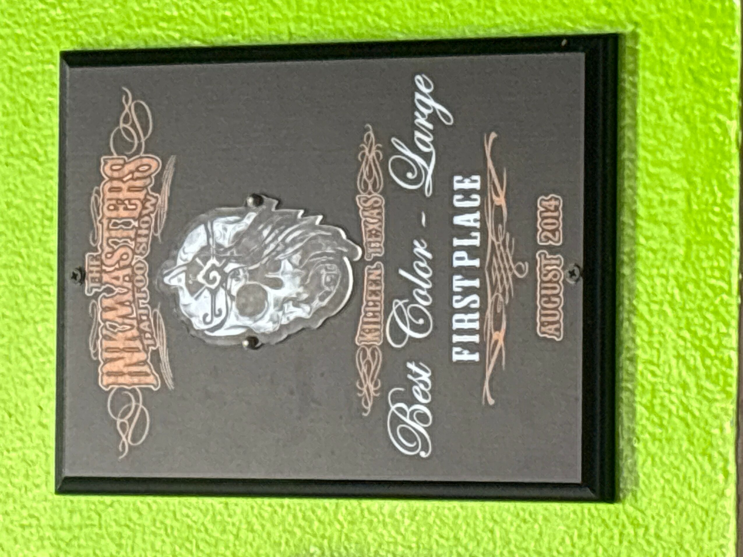 Framed poster with a lion illustration, text about a first place award, and date August 2008, on a bright green background.