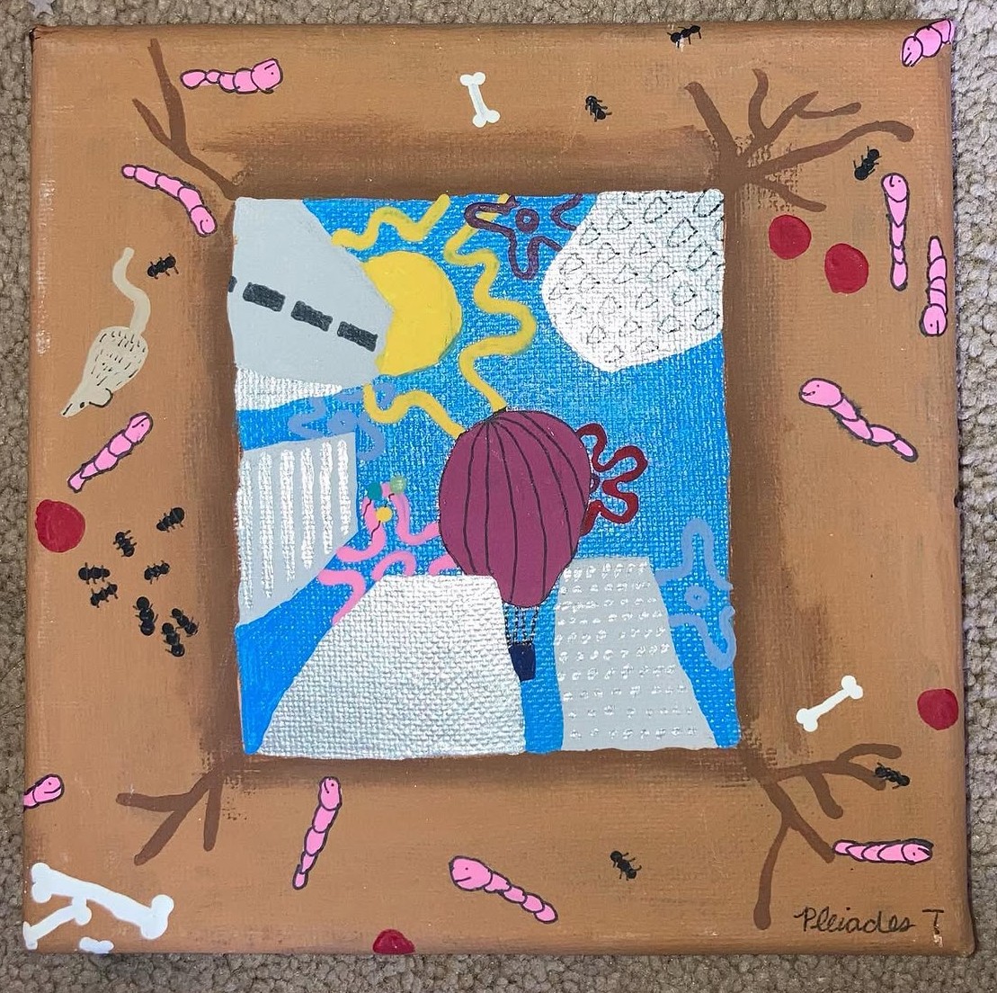 Person with purple hair looking at a bright yellow sun in a colorful abstract landscape, surrounded by tree branches and pink worms.