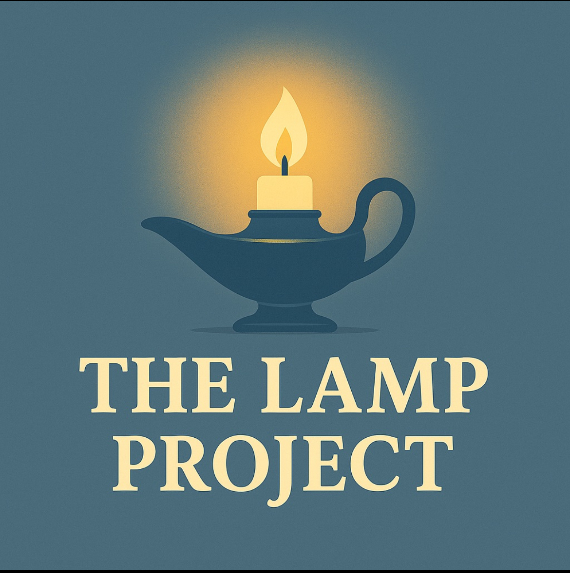 A lit candle on a lamp-shaped holder with the text 'THE LAMP PROJECT' below, on a dark background.