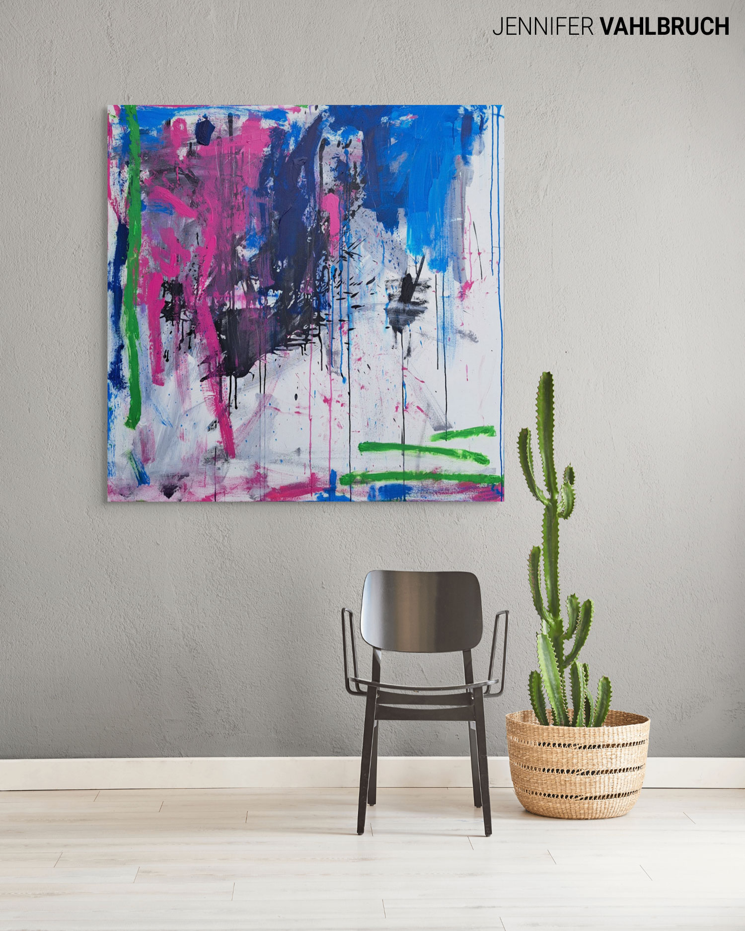 Abstract colorful painting on wall, chair, and tall cactus in a pot in a minimal room.
