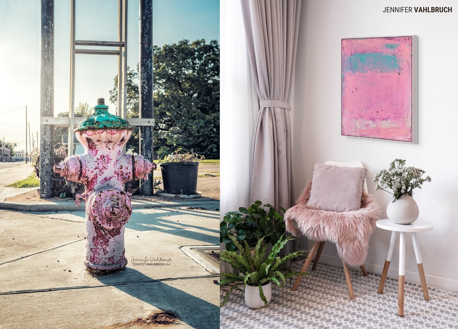 Fire hydrant painted pink with floral pattern outside, and a cozy interior corner with pink chair, plants, and abstract art.
