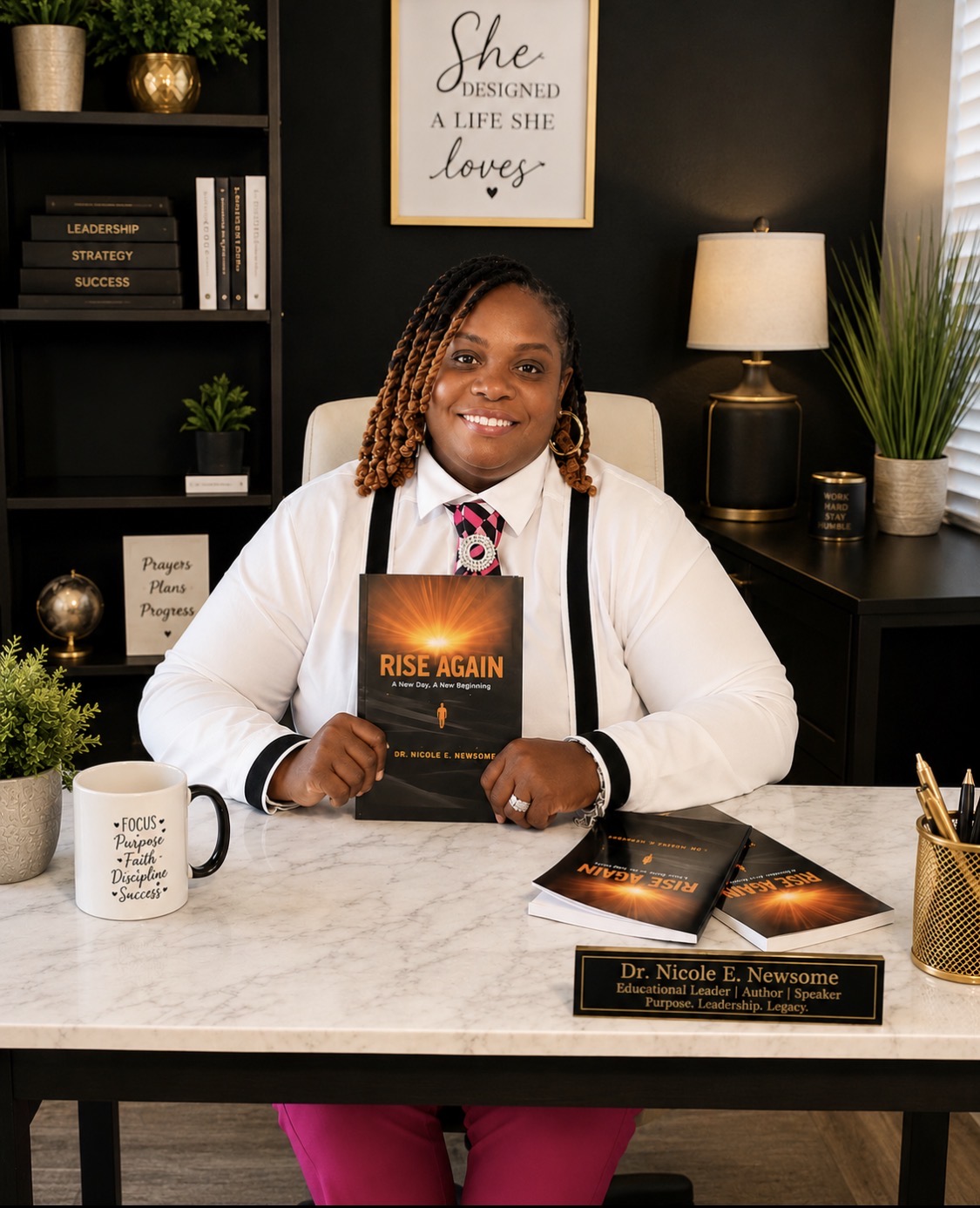 Woman sitting at desk holding a book, smiling, with a framed quote, lamp, and plants in background.