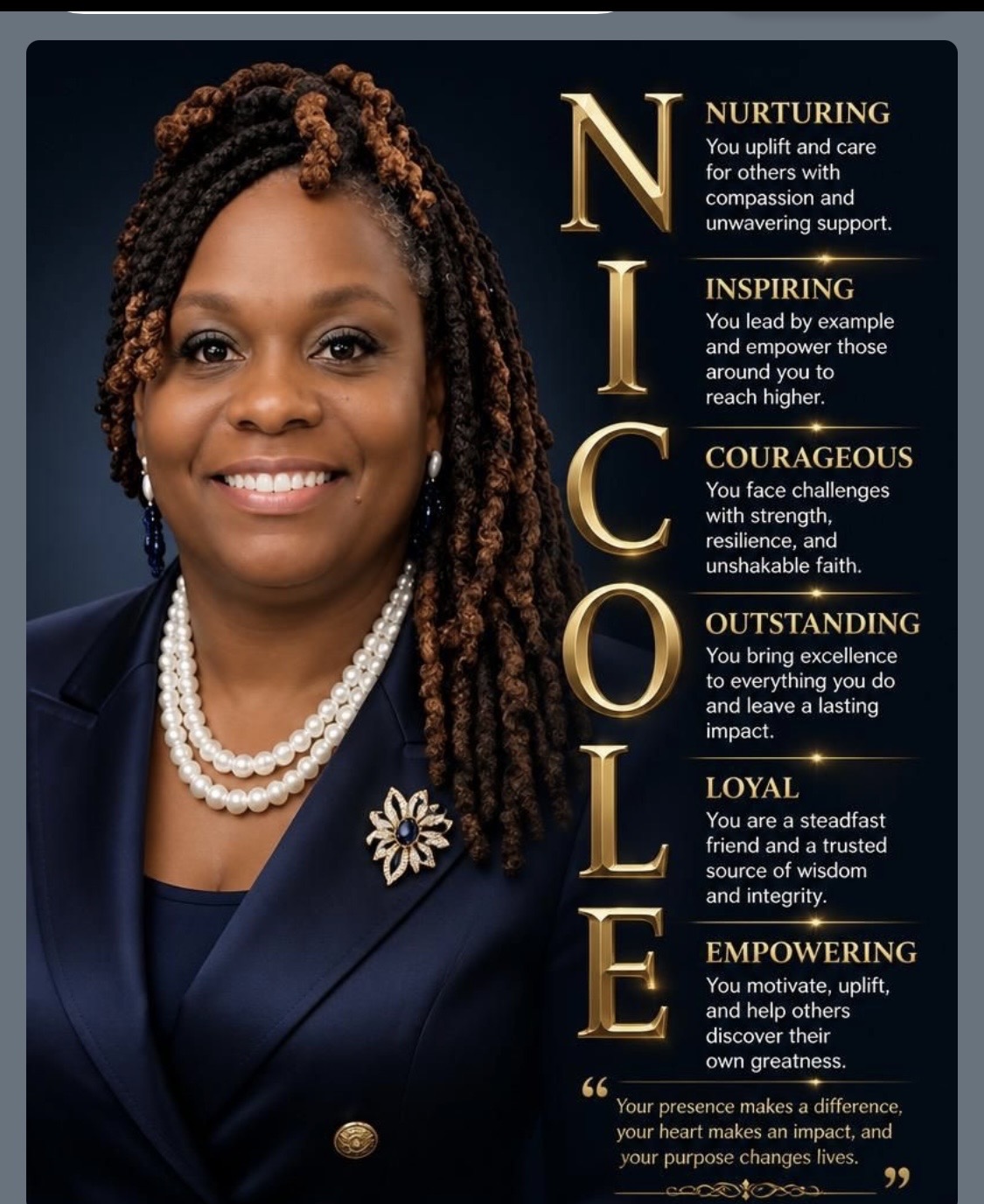 Portrait of a woman with braided hair wearing a navy blazer and pearl necklace, smiling, with a dark background and text about qualities.