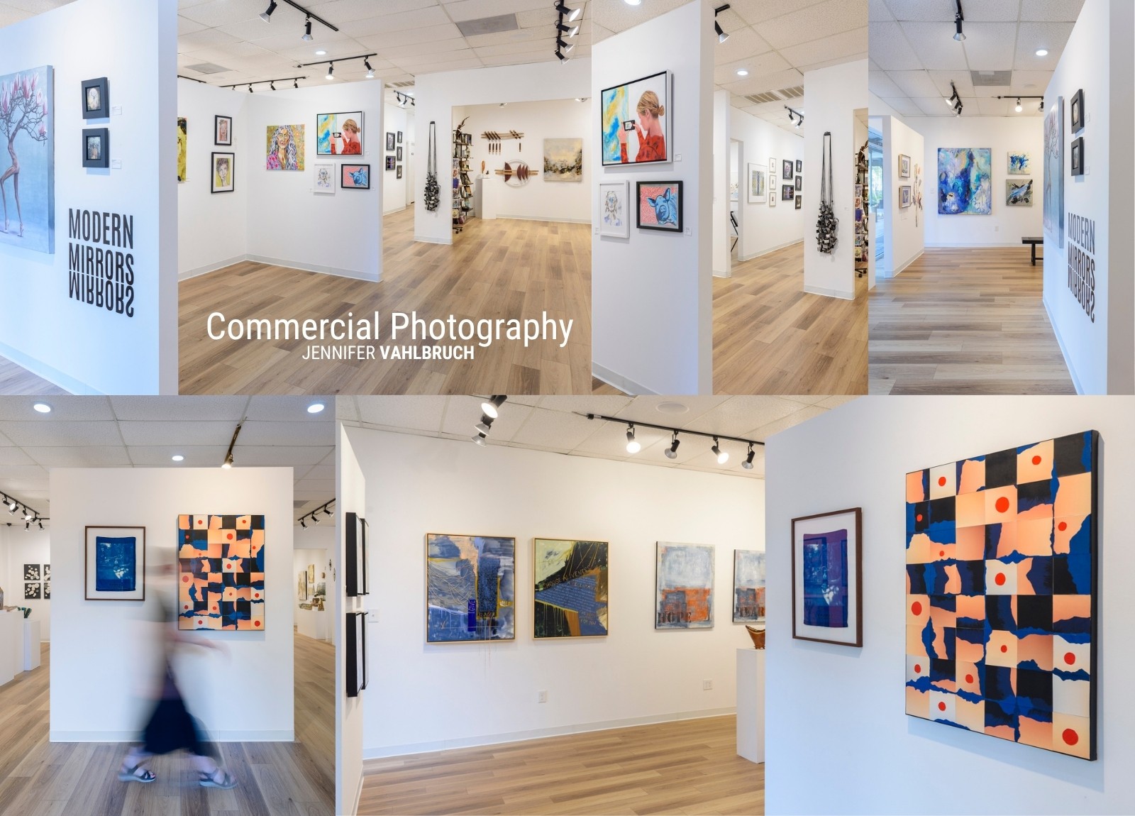 Gallery with white walls displaying colorful artwork, wooden floors, and visitors viewing art pieces.