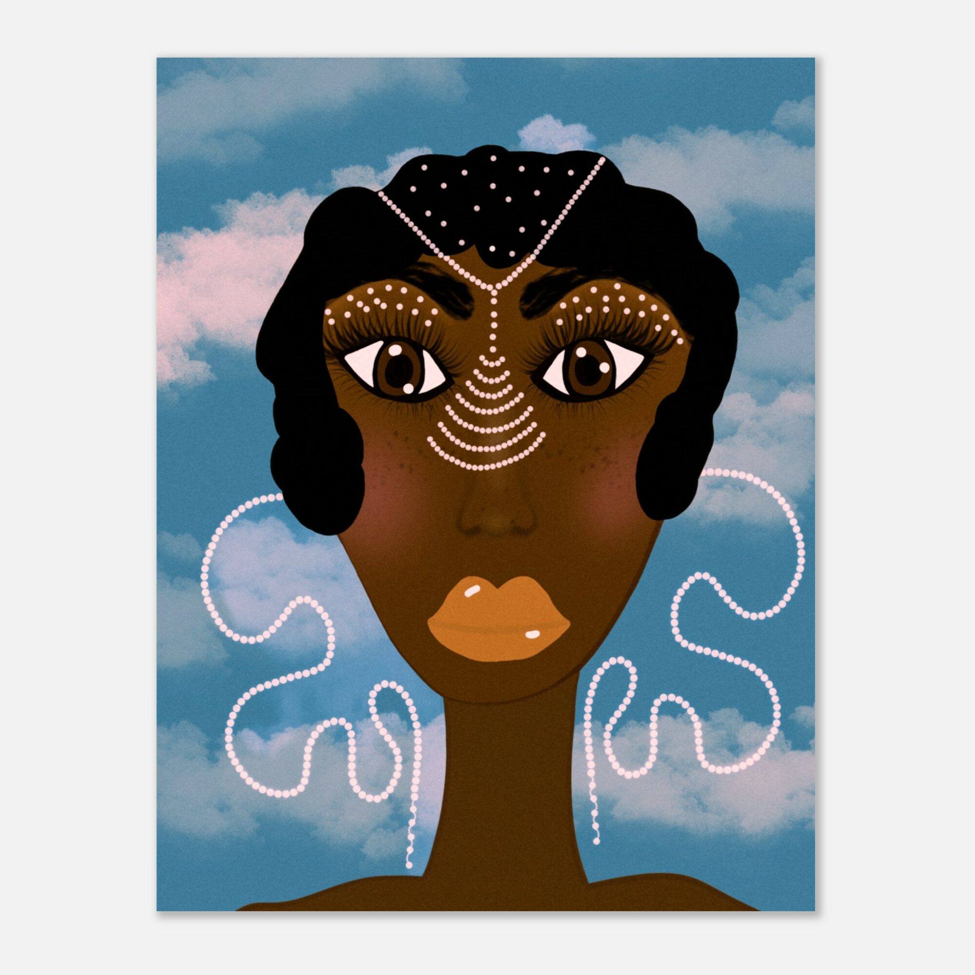 Portrait of a woman with dark skin, large eyes, and decorative white patterns on her face and hair, against a cloudy sky background.