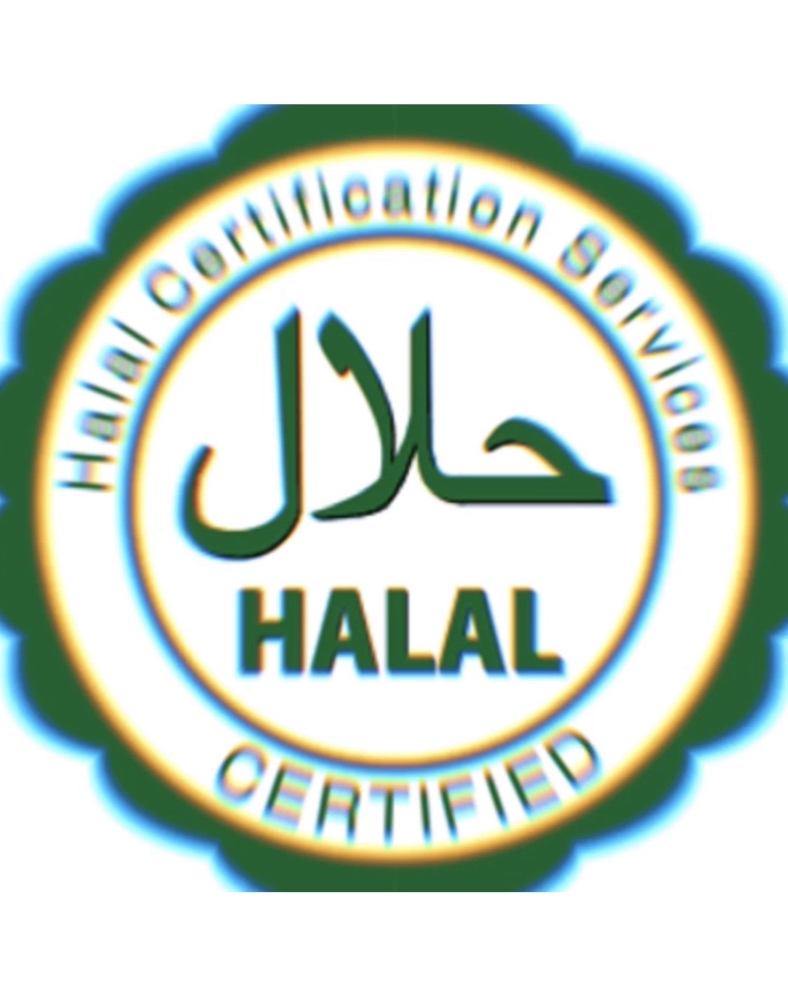 Circular logo with green, white, and gold colors, featuring Arabic text, the word 'HALAL,' and certification details.