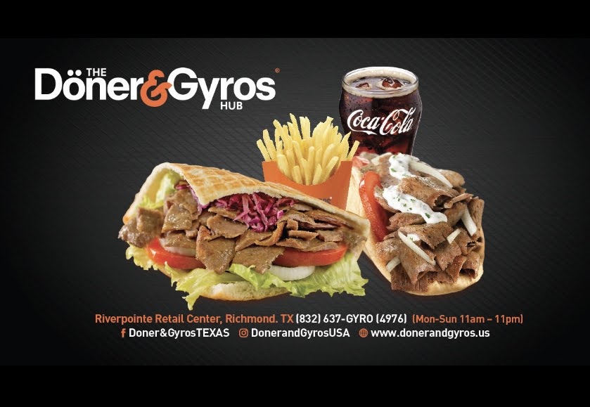 Advertisement for Doner & Gyros Hub featuring a sandwich, fries, soda, and a side dish, with store information at the bottom.