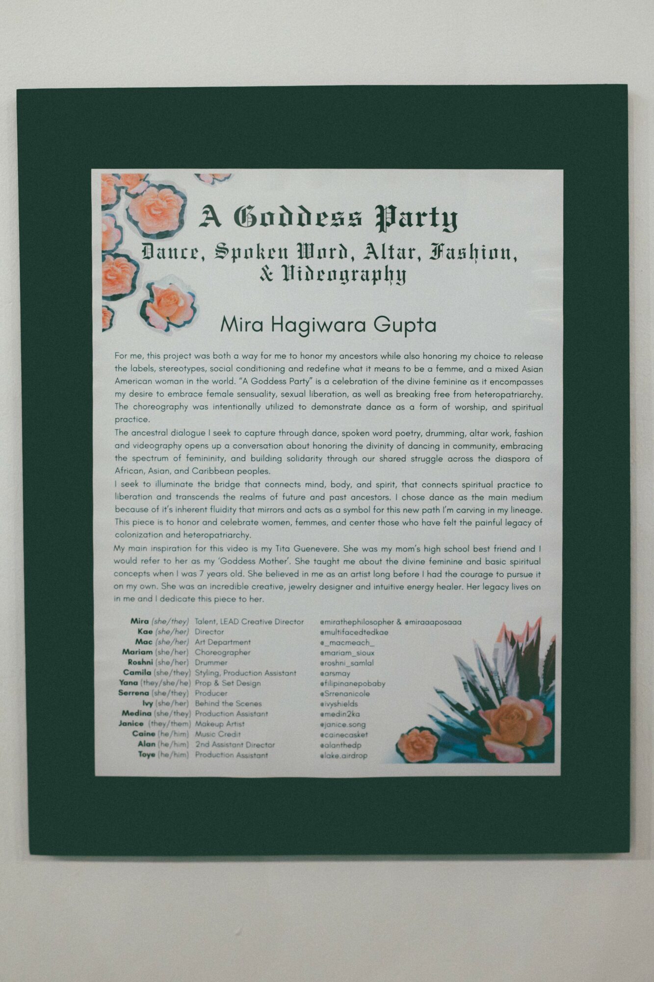 Invitation for a goddess party with floral decorations, event details, and a green border. Word count: 33. Confidence: 0.9