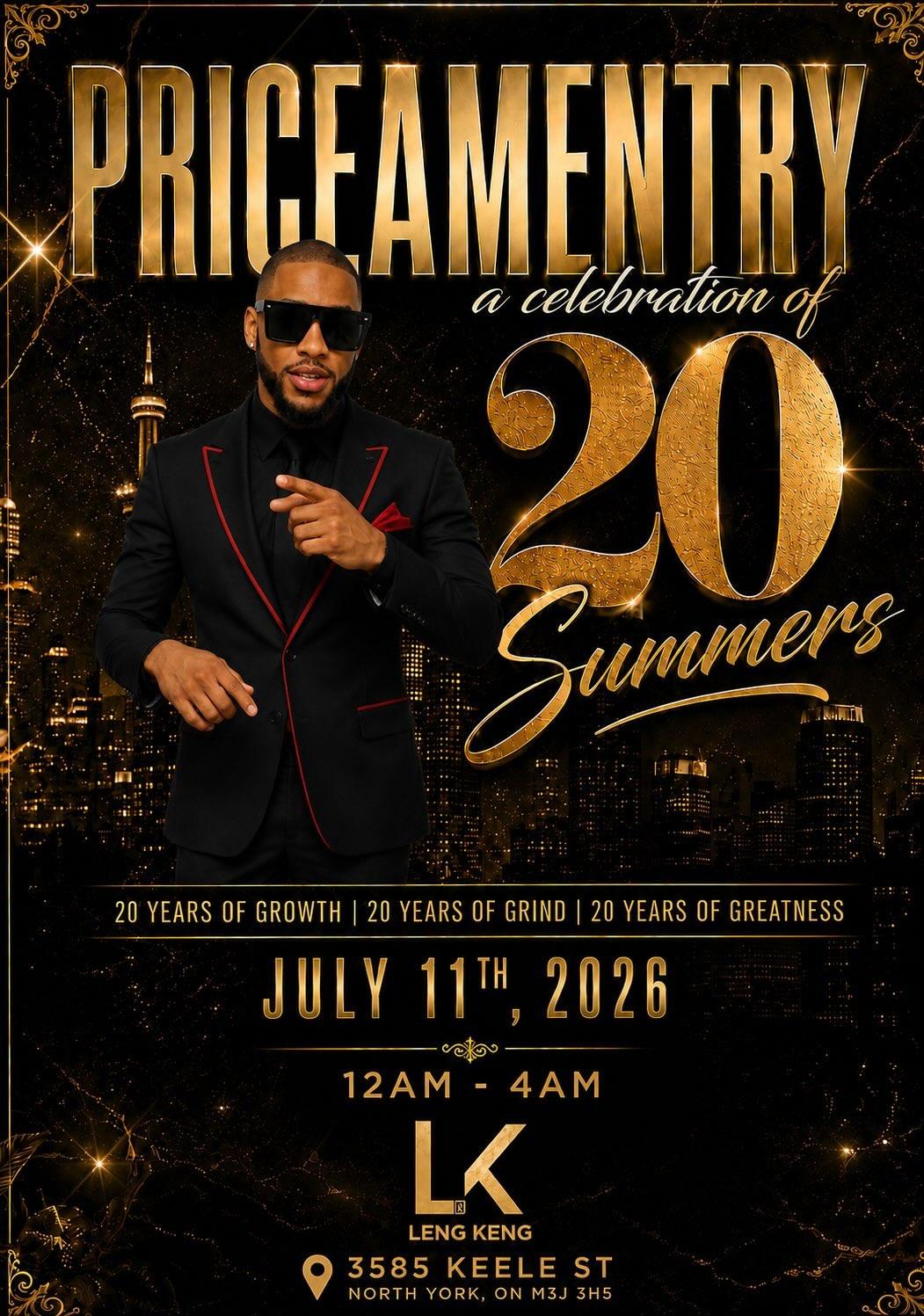 Promotional poster for Price Mentry's 20th anniversary event, featuring a man in sunglasses, city skyline background, event details.