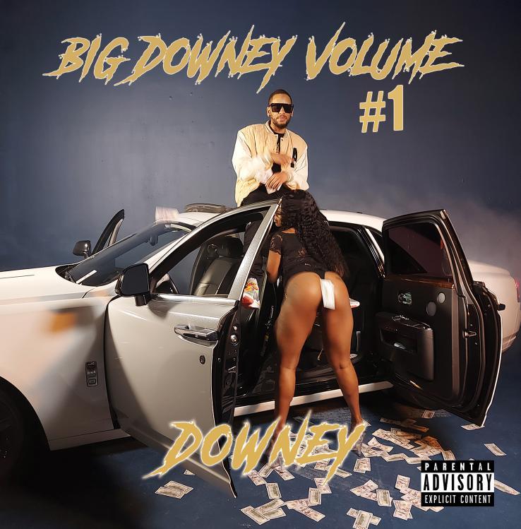 Person standing on a car with open door, another person bending over, money on the ground, text on wall, parental advisory label.