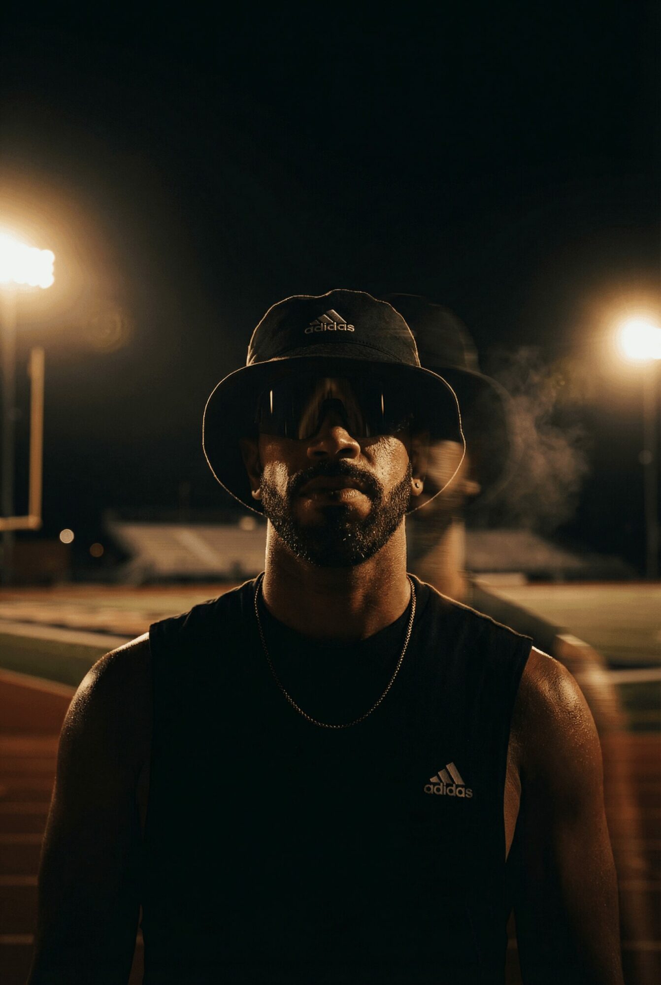 Man wearing a hat and sleeveless shirt stands outdoors at night with bright lights behind him.