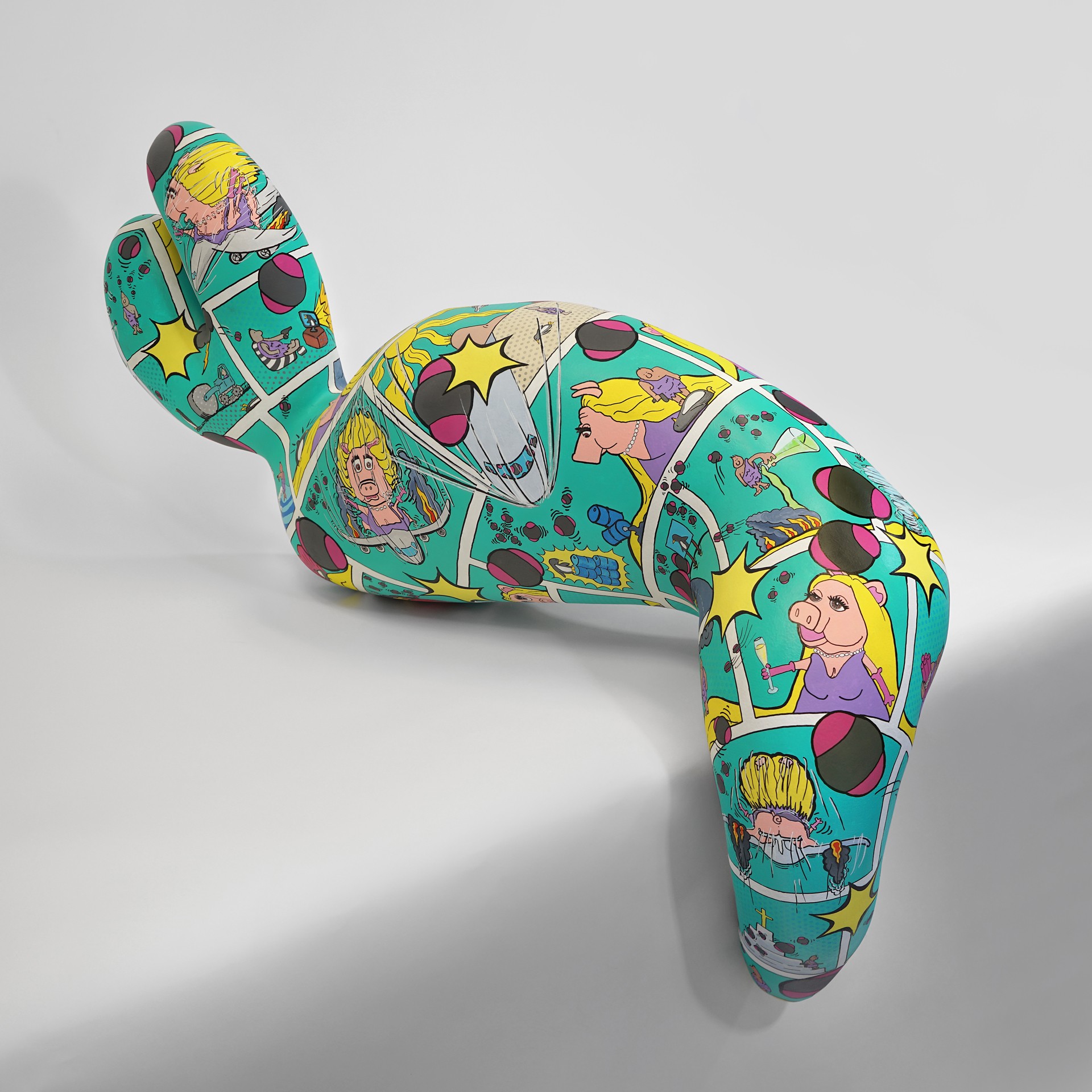 Colorful inflatable pool float with cartoon princess illustrations, lying on a plain white surface.