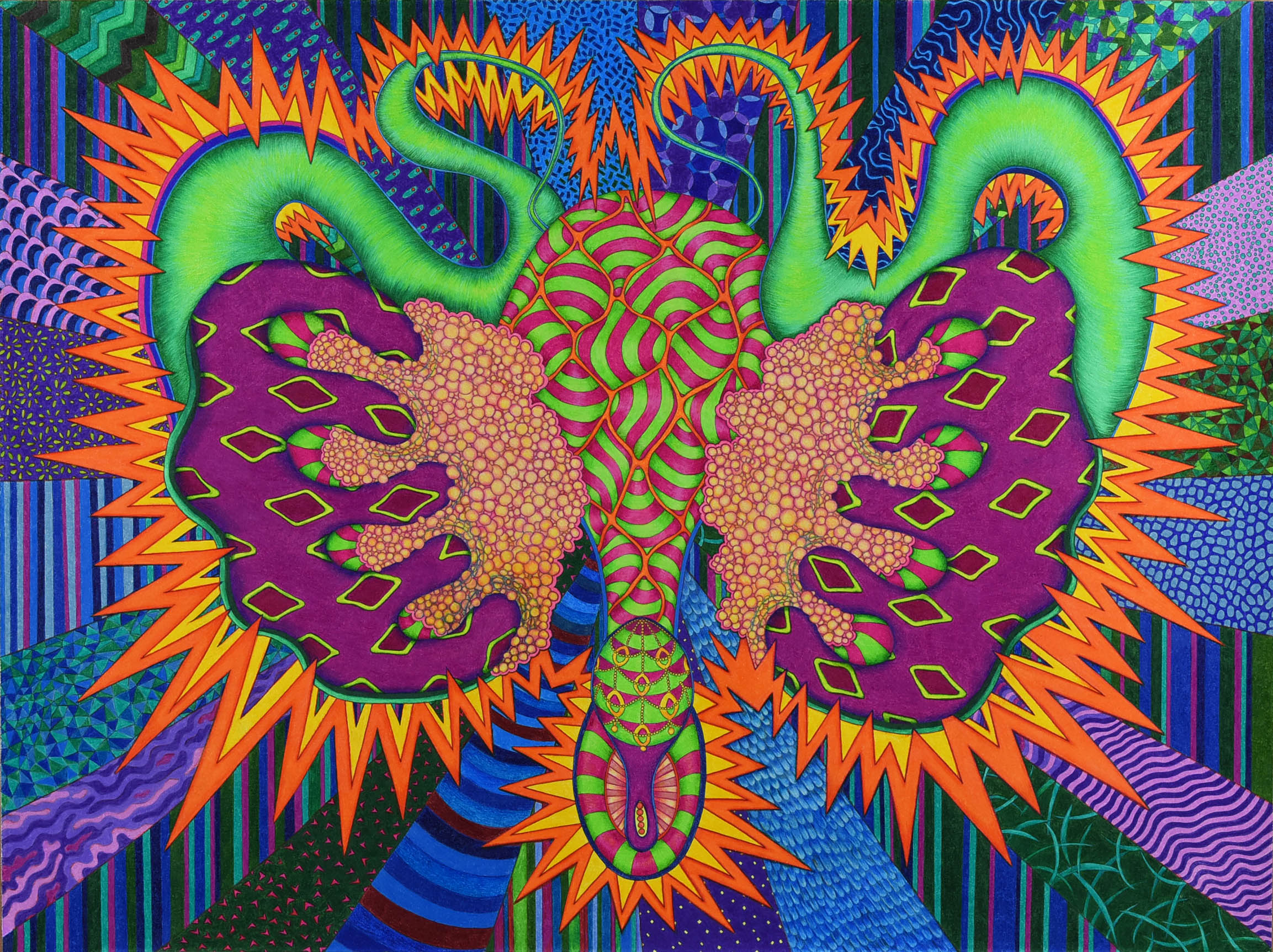 Colorful, abstract symmetrical design with vibrant patterns and shapes resembling a stylized creature or mask.