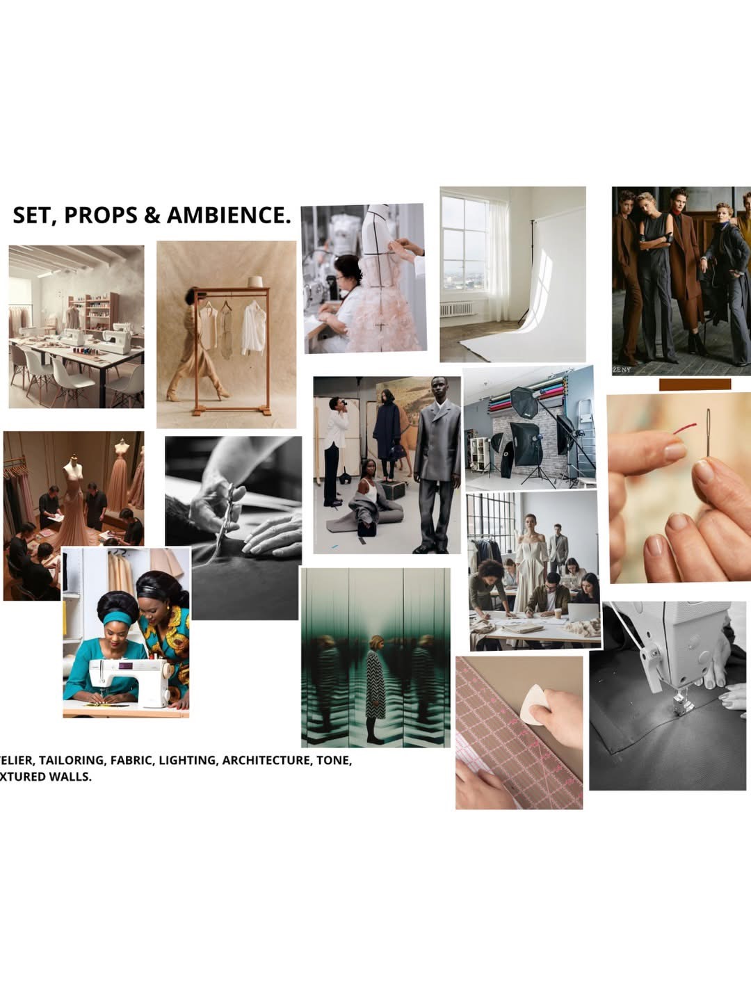 Collage of images showing interior design, fashion, and people in various settings, with text 'Set, Props & Ambience'.