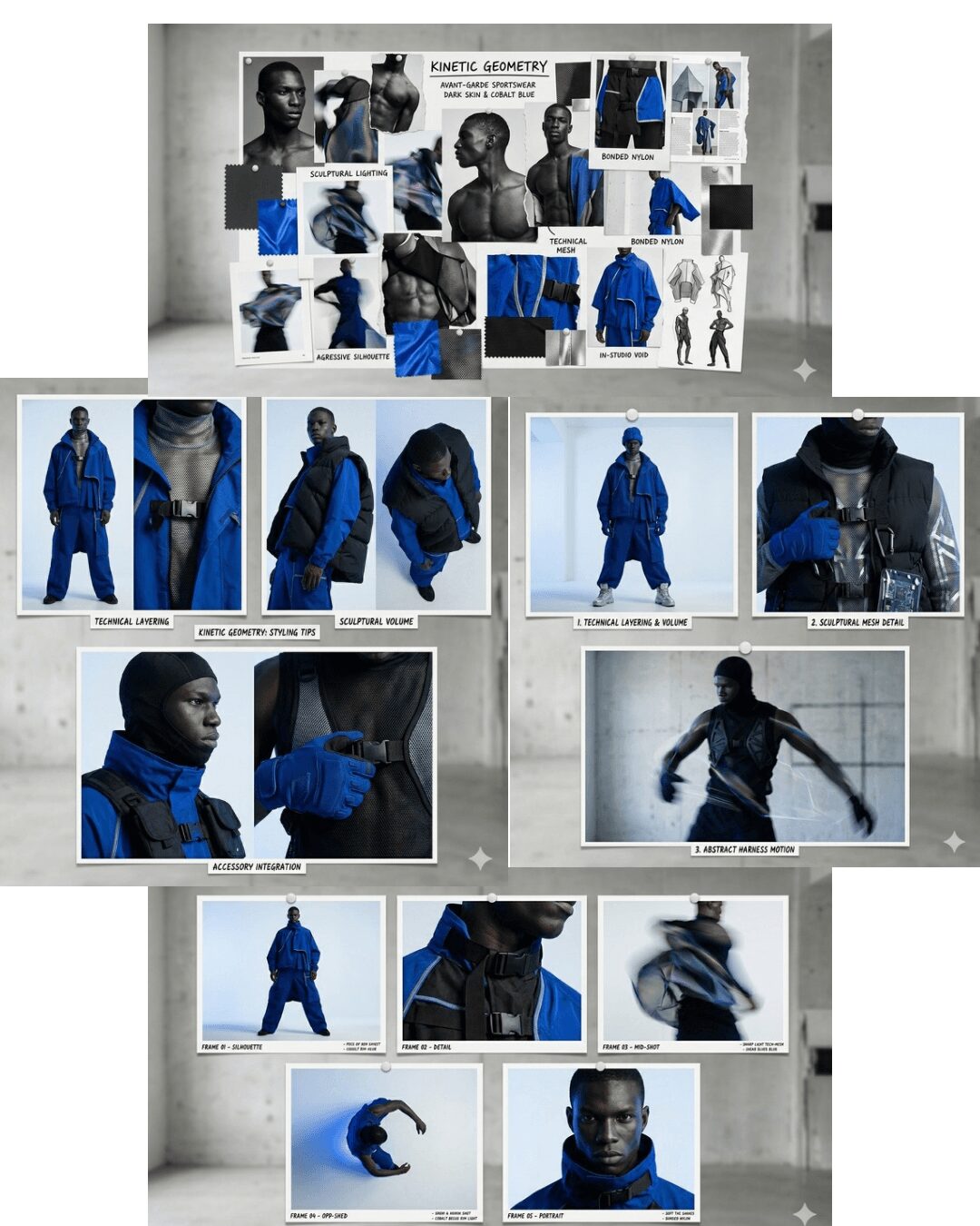 Collage of images featuring a person in blue clothing, including close-ups, full-body shots, and action poses, with a gray background.