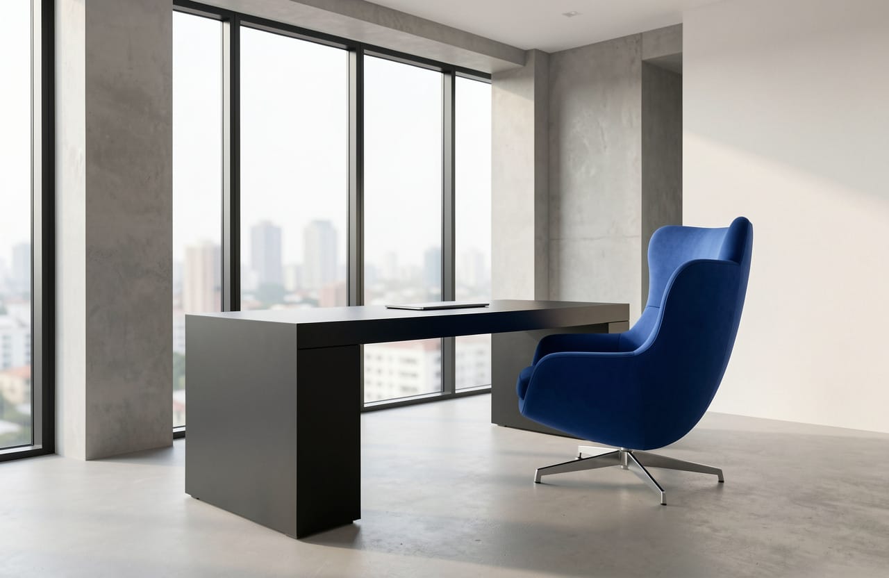Modern office with large windows, a black desk, and a blue high-back chair, minimal decor, city skyline view.