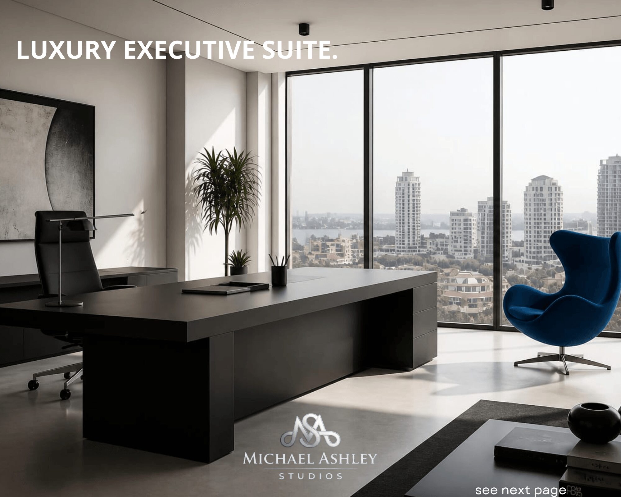 Modern luxury executive office with large windows, a desk, a chair, and cityscape view.