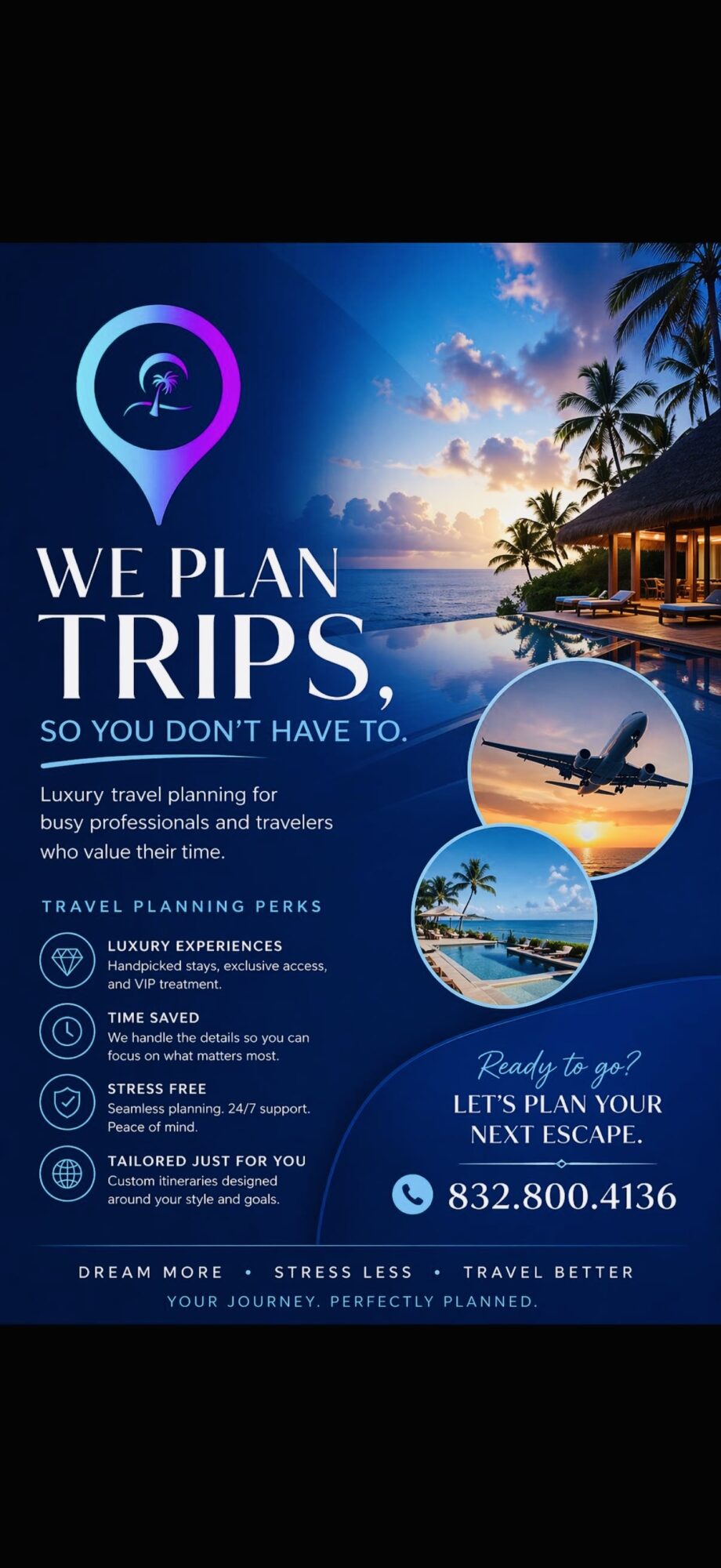 Travel agency advertisement with a sunset, palm trees, and boat images, promoting trip planning services and contact information.