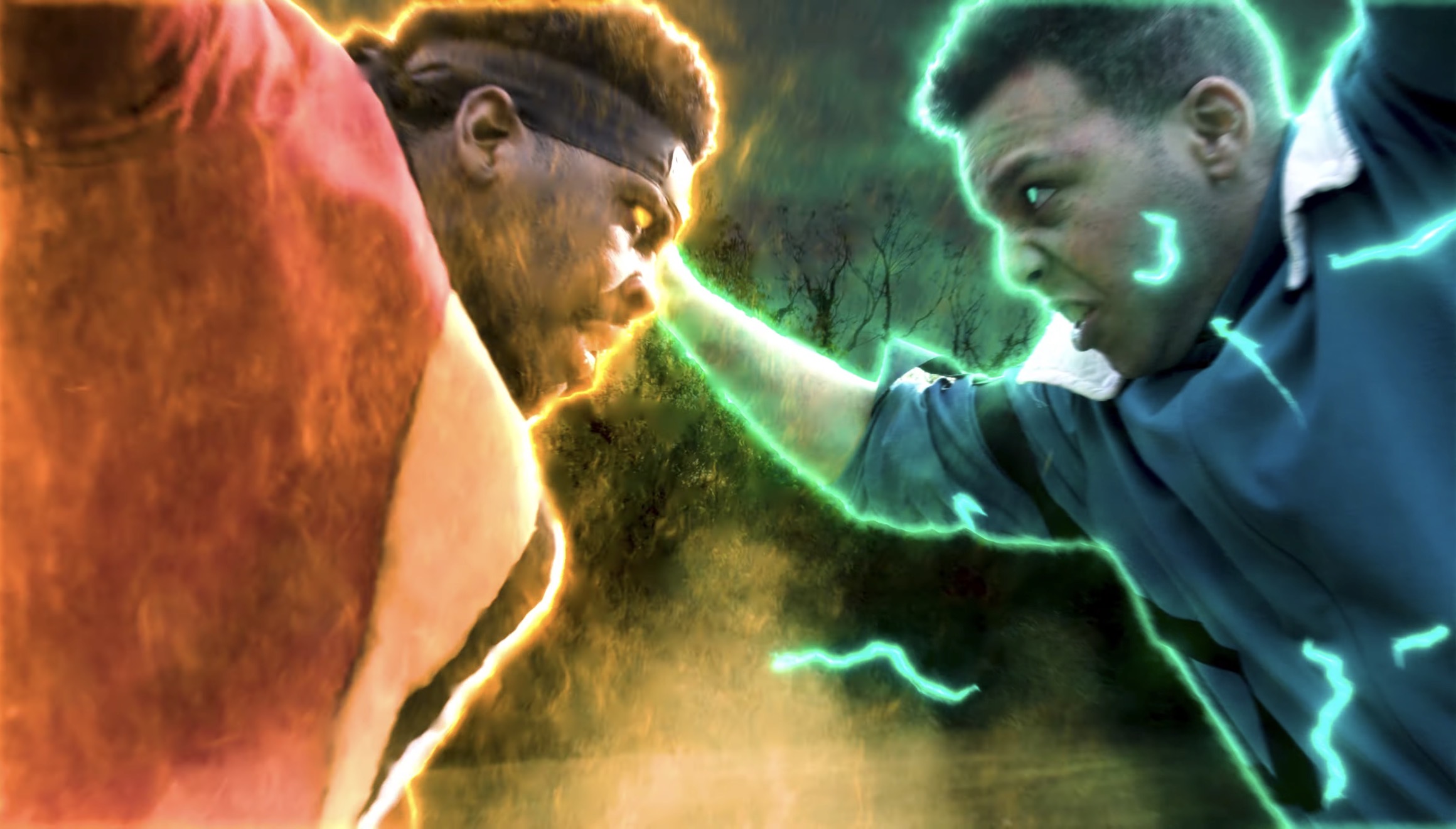 Two people face each other with glowing energy between their hands, surrounded by a dark, smoky background.